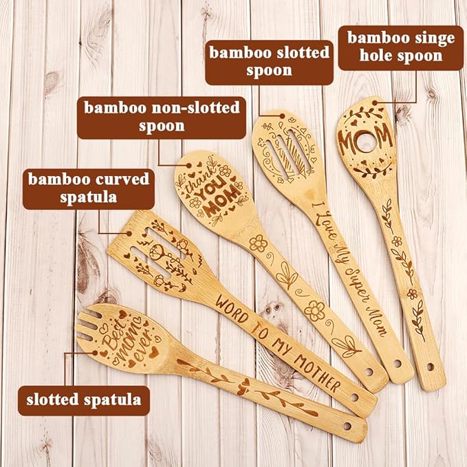Mothers Day Gifts for Mom from Daughter Son Cooking Spoon,Engraved Bamboo Kitchen Cooking Utensils Set Gifts,Wooden Birthday Gifts for Mom Mother in Law Step Mama,I Love You Mom Gifts