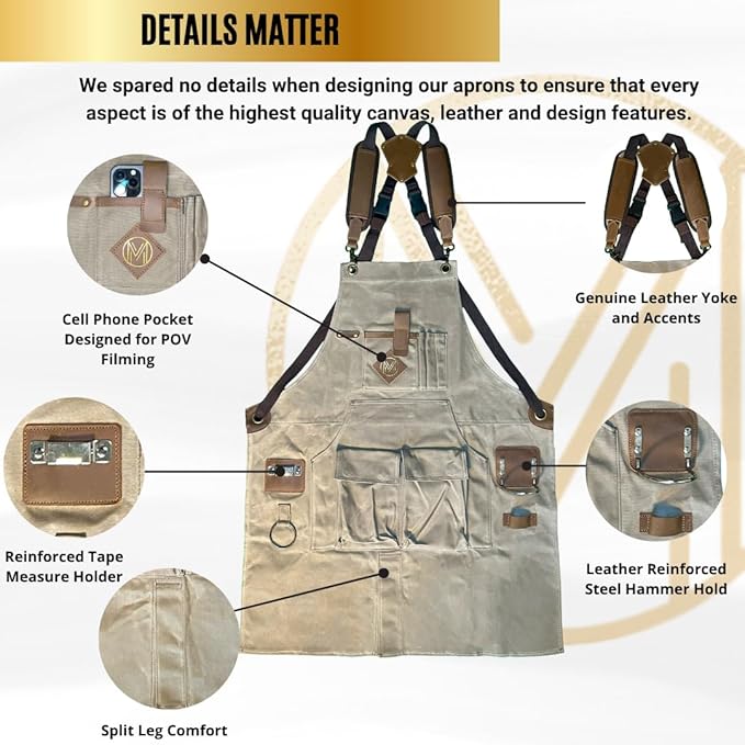 Mt Diablo 16oz - Woodworking Apron - Work Apron with Duck Weave Paraffin Waxed Canvas, Genuine Leather - Fits XS-XL