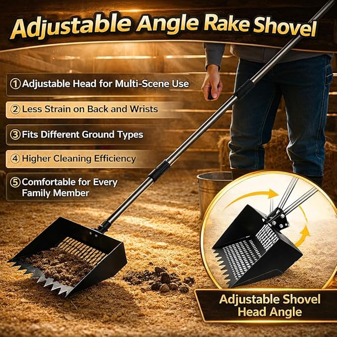 Chicken Poop Scooper & Rake 3-in-1, Adjustable Long Handle (32–63"), 12" Wide Dual-Mesh Sifting Shovel + Mini Fine-Mesh Sifter Scoop, Stainless Steel Coop Litter Scoop for Sand/Shavings/Pellets