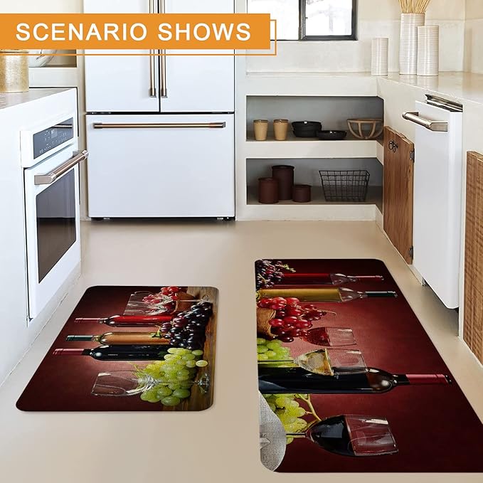 Roszwtit Farmhouse Wine Kitchen Rugs and Mats Set of 2, Red Wine Kitchen Mat, Seasonal Holiday Cooking Sets Washable Non-Slip Floor Mats for Home Kitchen Decor - 17x29 and 17x47 Inch