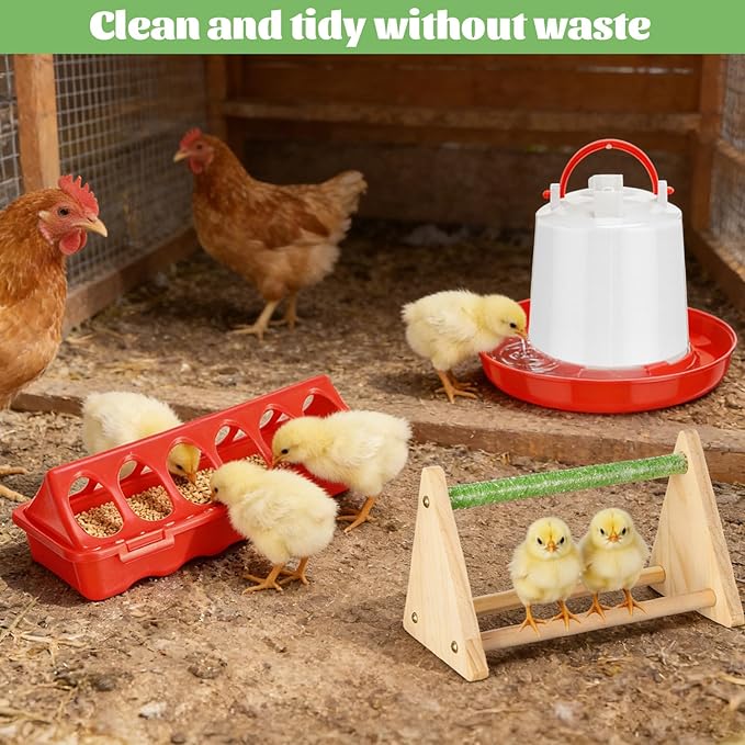 14 Pcs Chick Feeder and Waterer Kit with Wooden Perch Baby Poultry Starter Set 1.5 L Feeding Dispenser for Small Poultry Ducks Quail Pigeon Coop and Brooder