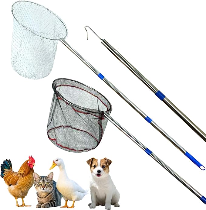 Chicken net Catcher Stainless Steel Poultry net, Ideal for catching Birds, Chickens, Ducks, Fish, Geese, etc. in Chicken coop or Outdoors, Fishing net with Handles(Including 2 nets and 1 Pole)