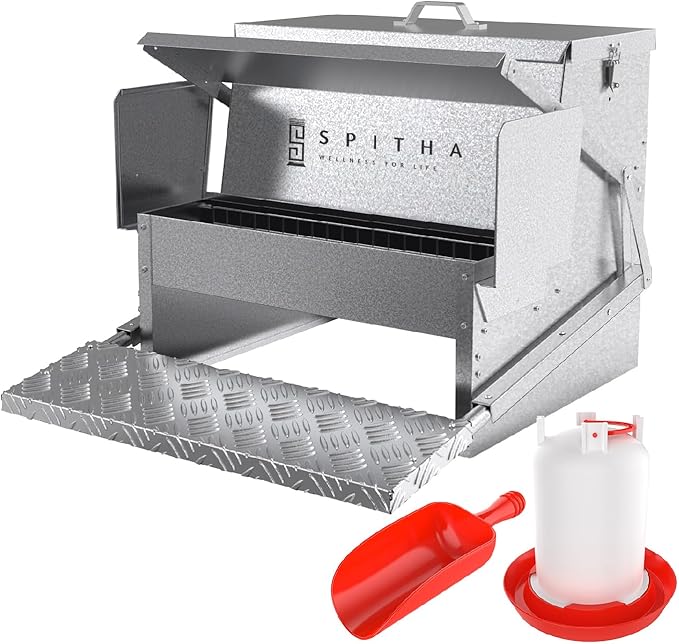 Automatic Chicken Feeder-Chicken Coop Accessories 40 lbs Treadle Chicken Feeders No Waste Steel Poultry Feeder Rodent Proof Weatherproof Comederos para Gallinas Supports 8-13 Chickens 12 Day