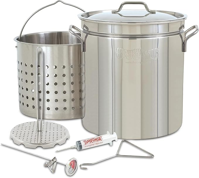 Turkey Deep Fryer Stainless Steel Oversized 44 Quart Stockpot with Basket Poultry Rack Thermometer Hook Seasoning Injector Knife and Fork Set Pair of Fry Gloves for Super Large Turkeys up to 25 Pounds