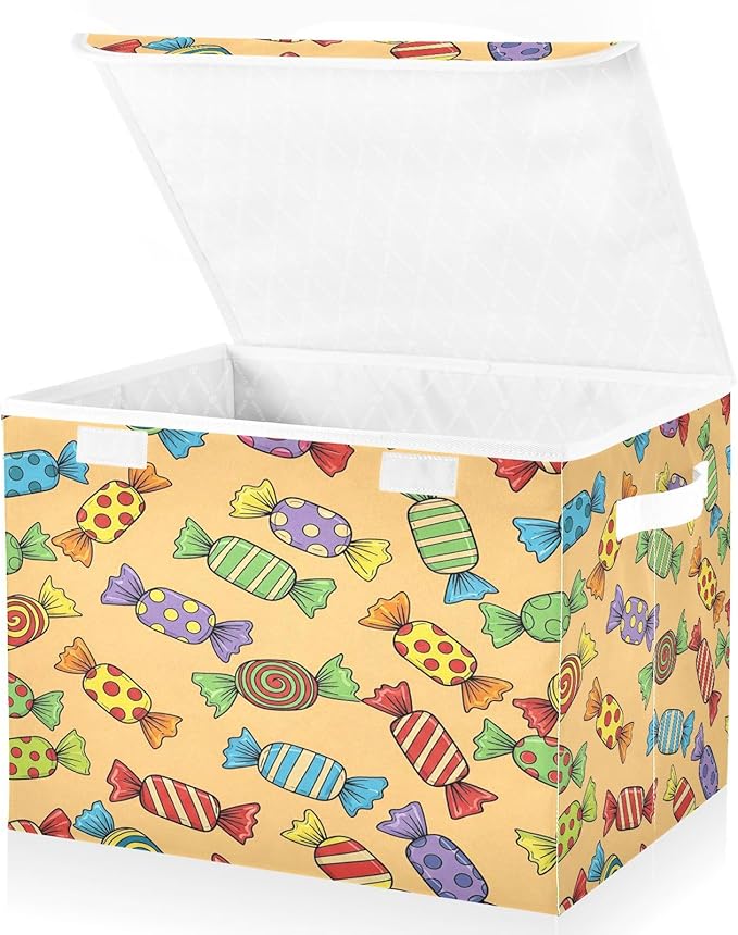 Colorful Candy Pattern Storage Bins with Lids Foldable Storage Basket with Handles Collapsible Large Fabric Organizer Containers for Clothes Shelves Closet Office Home