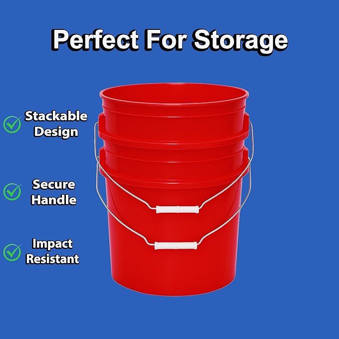 5-Gallon Bucket with Airtight Lid – Made in USA, Food Grade BPA Free Plastic, Heavy Duty Multi-Use, Metal Handle with Grip, Stackable Storage – Red, 6 Pack