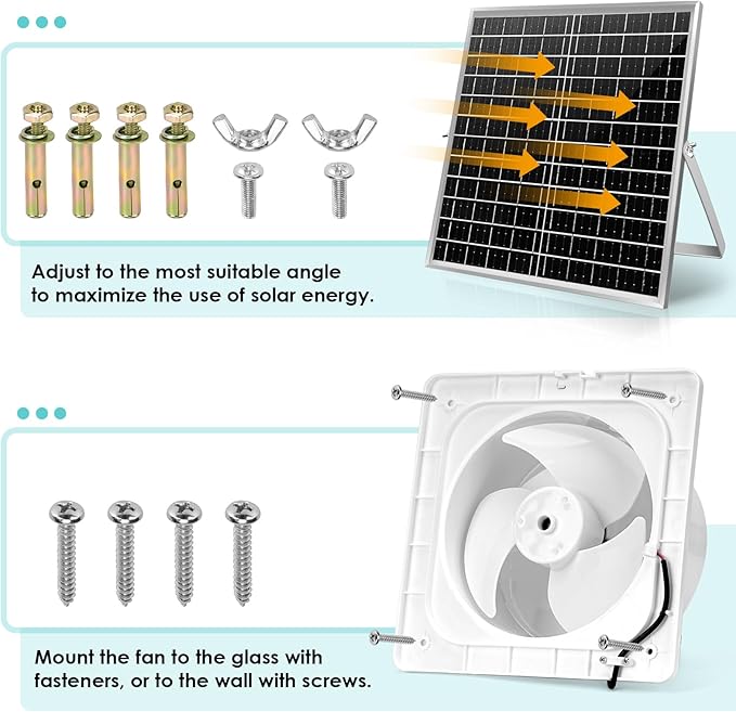 Solar Powered Exhaust Fan, 15W Solar Panel with 6" Brushless Fan for Shed Ventilation, Solar Fans for Outside, Greenhouse, Home, Chicken Coop, Outdoor