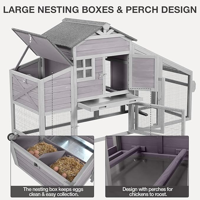 Chicken Coop with Wheels Wooden Outdoor Chicken House Easy Cleaning with Nesting Box, Deeper Leakproof Pull-Out Tray and UV Proof Panel Roof - Reinforced Version