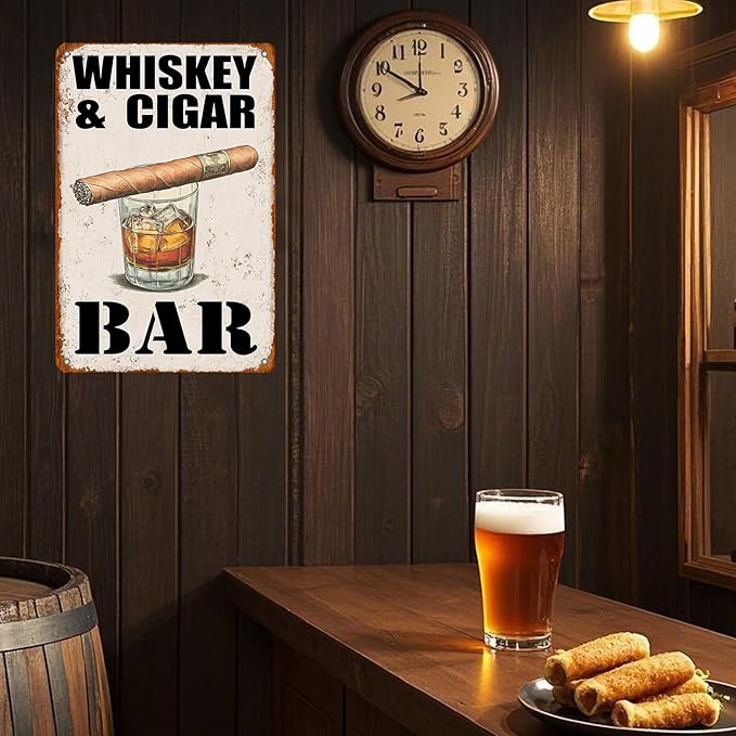 Metal Vintage Tin Sign Decor Whiskey and Cigar Bar Metal Pub,Club,Bar,Restaurant,Coffee bar, Vintage Art Wall Poster Plaque Decor 12x8 Inch