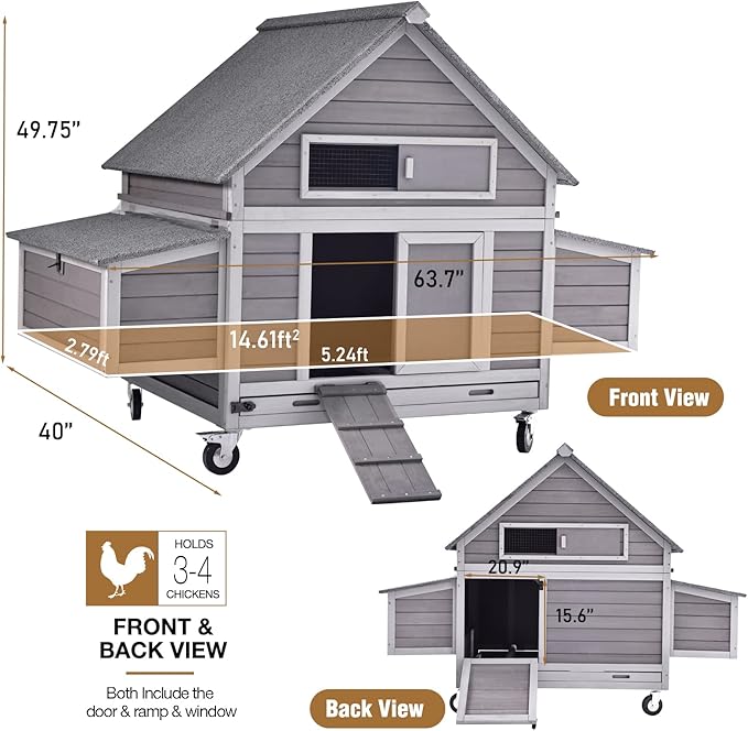 GUTINNEEN Chicken Coop Poultry Cage on Wheels Outdoor Duck Coop Wooden Hen House with Large Nesting Box, Movable