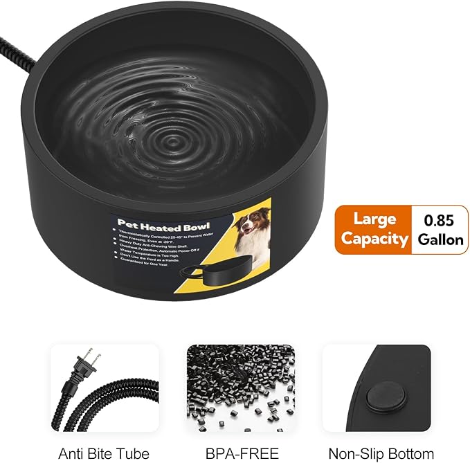 Heated Water Bowl for Dogs & Cats, Waterproof Heated Dog Bowl with Chew Resistant Cord, Large Heated Pet Bowl, Provide Warmable Water for Dogs, Cats, Chicken, Birds in Winter 3.2L（Black）