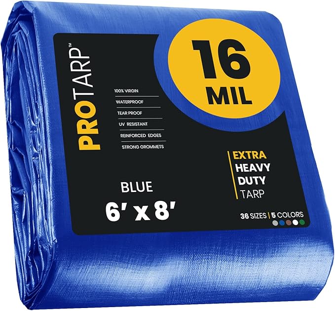 PROTARP Extra Heavy Duty 16 Mil Tarp Cover, Waterproof, UV Resistant, Rip and Tear Proof, Poly Tarpaulin with Reinforced Edges for Roof, Camping, Patio, Pool, Boat. (Blue 6′ X 8′)