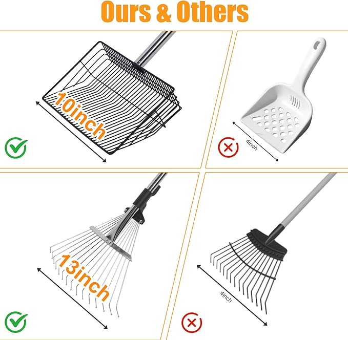 2PCS Chicken Poop Scooper & Rake Set – Adjustable Metal Cleaning Tools (Scooper 45–68", Rake 32–46.5") for Chicken Coop, Yard & Sand – Heavy Duty Stainless Steel Coop Accessories