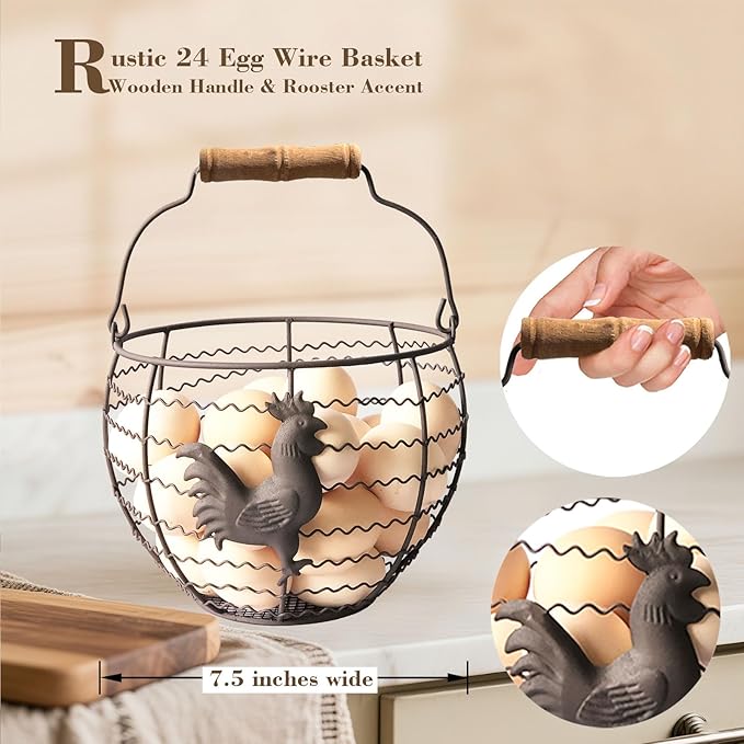 Wire Egg Basket for Gathering Fresh Eggs Collecting Basket With Handle,Rusty Chicken Decorated Small Chicken Egg Basket Vintage Style Eggs Holder Basket Countertop for Farmhouse Kitchen Decor