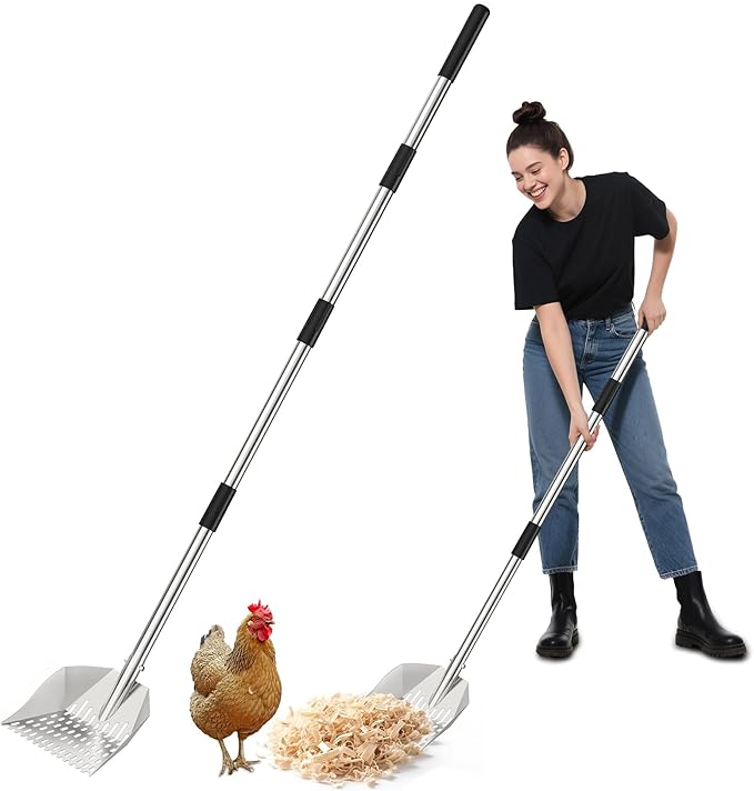 Chicken Poop Scooper: 2-in-1 Rake & Sifter - Silver Chicken Poop Shovel for Sand with Adjustable Stainless Steel Handle (35-59") for Small Spaces