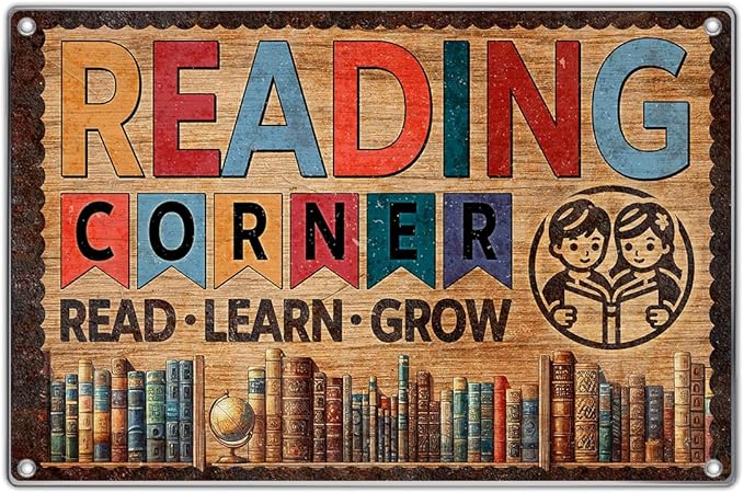Vintage Metal Reading Corner Sign Learn Grow Book Lover Wall Art 12 x 8 Inch Educational Decor For Home Library Classroom And Kids Space Metal Kitchen