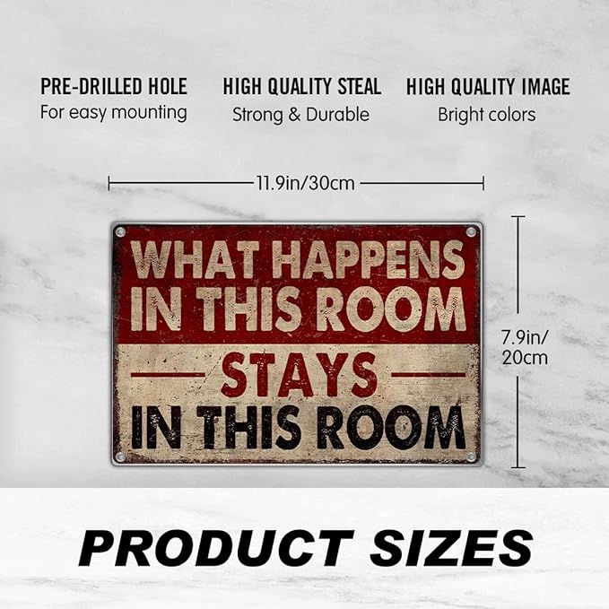 Funny Room Wall Decor Metal Sign What Happens In This Stays Vintage Style 12 x 8 Inch Bedroom Dorm Man Cave Door Decoration For Men And Women Aluminum Art Kitchen