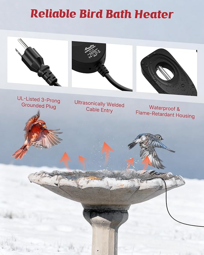 Pawfly 50 W Bird Bath Heater for Outdoors in Winter, Birdbath Heater with Thermostat, IPX8 Waterproof Submersible Bird Bath Deicer, Chicken Water Heater, Winter Water Heater for Livestock Wildlife