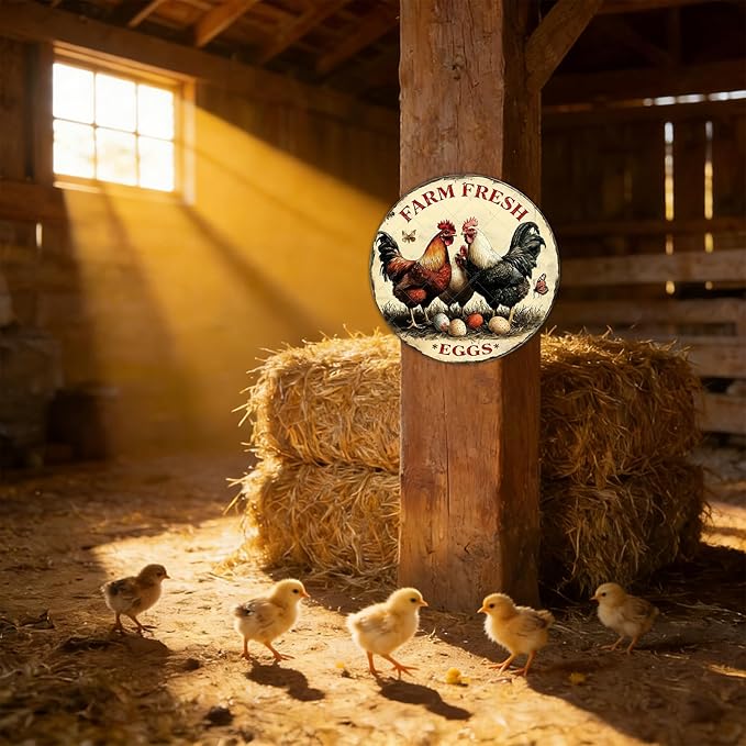 Funny Chicken Signs Farm Fresh Eggs Round Vintage Chicken Tin Sign for Coop Metal Tin Signs Poster 12 Inch