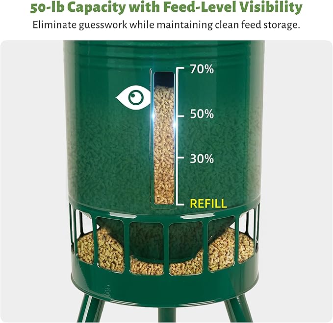 KOL 50LB Metal Chicken Feeder - No Waste, No Clog Design with 16 Ports & Smooth Gravity-Flow, Powder Coated Rust-Proof for Coop Use (Green)