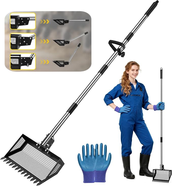 2-in-1 Chicken Poop Scooper & Rake, 3 Angles of Use with 10” Metal Shovel Head, Adjustable Stainless Steel Handle (36–76”), Chicken Poop Scoop for Sand & Bedding