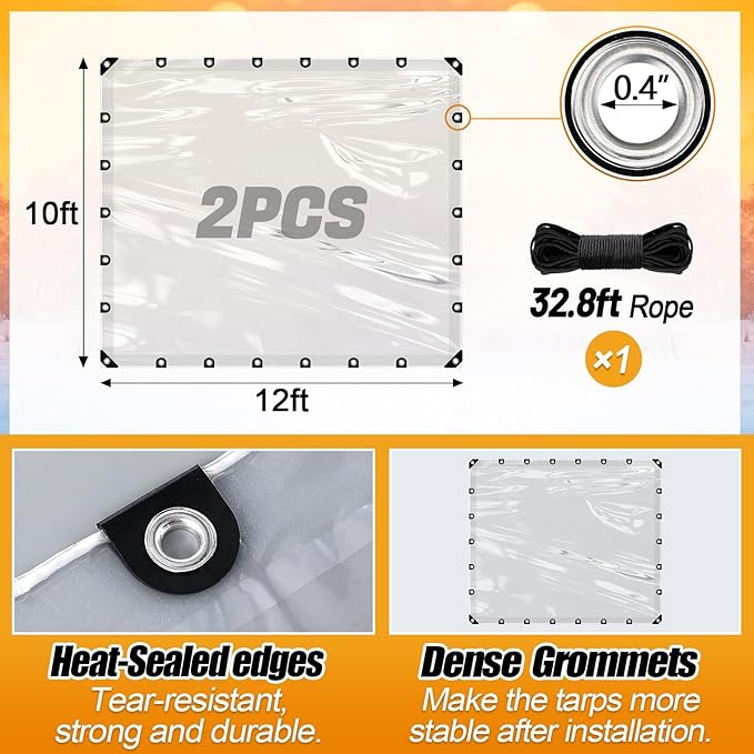 10x12ft Anti-Tear Clear Tarp Waterproof - 2pcs Windproof Poly Tarpaulin, Heavy Duty Transparent Enclosure with Grommets for Covering Chicken Coops Greenhouse Garden Plants