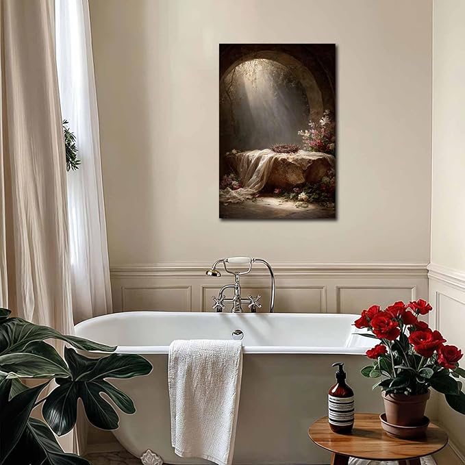 He Is Risen Canvas Easter Empty Tomb of Jesus Wall Decorations Religious Spring Art Christian Easter Pictures Wall Art Wooden Frame 12x18 inch