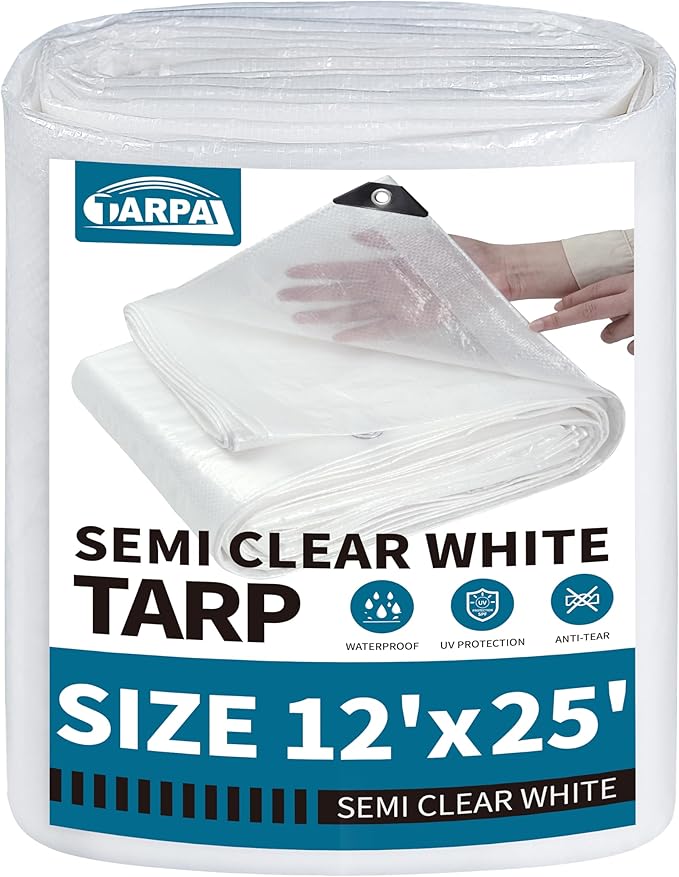 TARPAL 12'x25' Semi Clear White Tarp Waterproof Green House Cover with Grommets 7.5mil Clear Poly tarps for Gardening,Farm, Garden,Chicken Coops，Outdoor