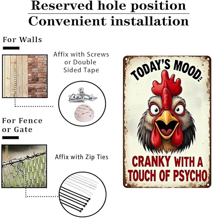 FunnySign Rooster Décor Today's Mood: Cranky With A Touch Of Psycho Rustic Tin Sign For Home Farm Chicken Coop Decor 8x12 Inch (9712)