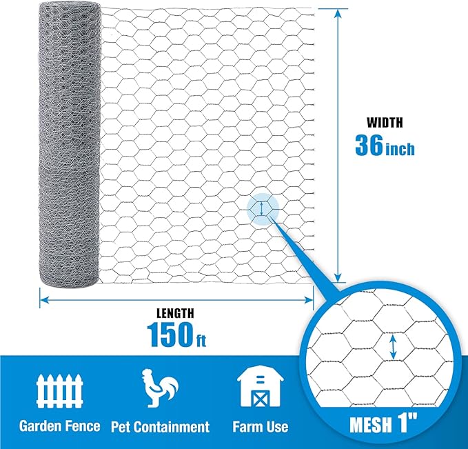 Fencer Wire Poultry Netting Fence, 20 Gauge Galvanized Hexagonal Chicken Wire Fence, 1-Inch Mesh Opening Size (3 ft. x 150 ft.)