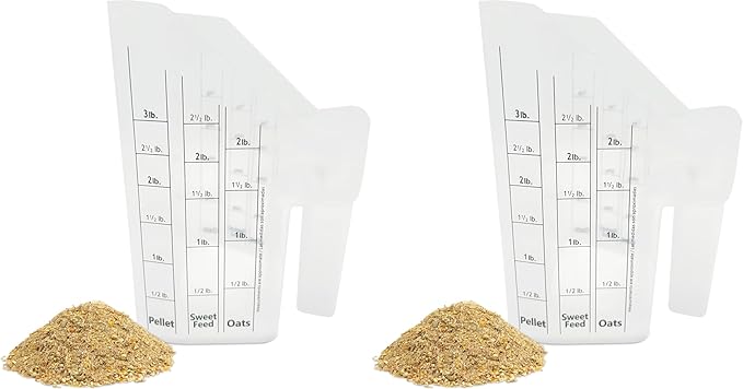 Clear Plastic Feed Scoop with Measurement Markings, Durable Sturdy Handle, Reusable Pellet Scoop for Horse Goat Sheep Cattle Stable Feeding, Large (2)
