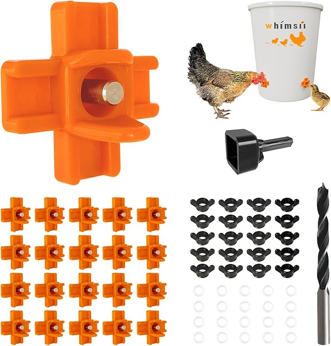 Chicken Waterer Nipples, Pack of 20 (Orange), Horizontal Side Mount, Anti-Leak Automatic Water System for Poultry, Suitable for Chickens, Duck, Quail, Includes Drill Bit & Installation Tool