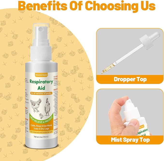 Respiratory Aid for Chicken, Poultry Supplement for Coughing, Sneezing & Nasal Relief, All-Bird Safe Formula, Drinking Water Additive, Dropper & Spray Top Included, 4Oz (118ml) Natural Liquid