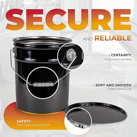 ATERET 5 Gallon Black Metal Bucket & Lever Lock Pail Lid, Heavy Duty Durable Pails and Lids for Outdoor and Household Use (18 Pack)