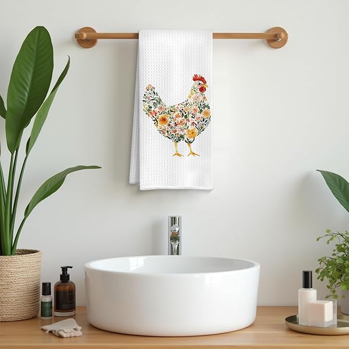 Rustic Colorful Floral Rooster Kitchen Towels, Gifts for Chicken Lovers Dish Tea Towels, Farmhouse Flower Chicken Decorative Hand Towel for Bathroom Kitchen, 16x24 Inch