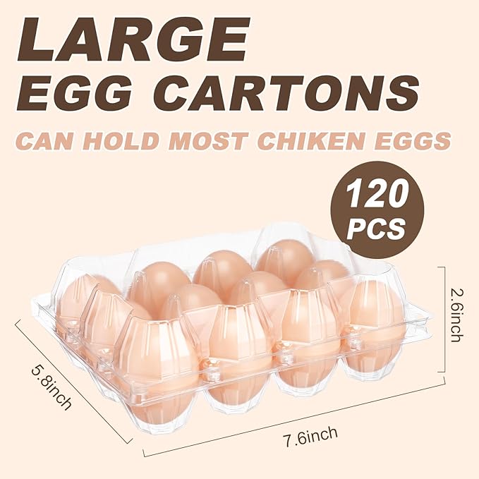Zhanmai 120 Pcs Plastic Egg Cartons Bulk 12 Count Clear Reusable Large Egg Tray Container Holder with Sticker Labels for Family Chicken Farm Business Market Display