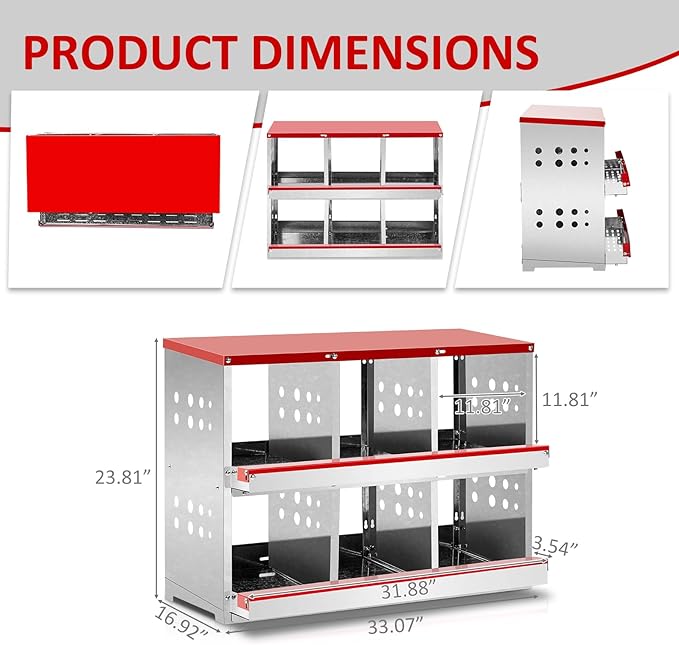 Outvita Chicken Nesting Box, 6 Compartments Roll Away Nesting Boxes, 6 Room Wall Mountable Egg Laying Boxes for Hen, Red
