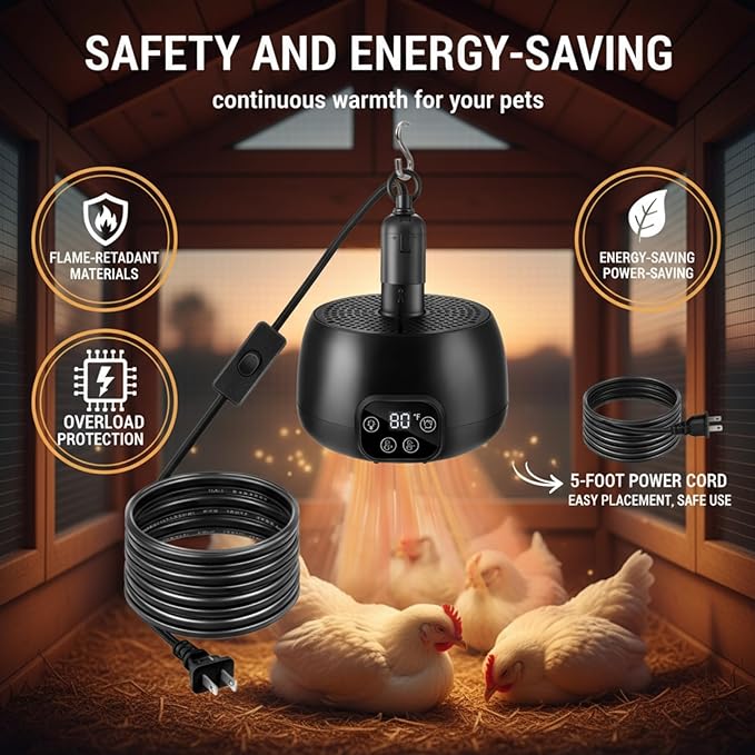 Enhon Chicken Coop Heater with LED Lighting, Adjustable Temperature, Timer & Safety Features – 5 Ft Long Cable Chicken Coop Heating Lamp Perfect for Small Animals and Reptiles(2 Pack)