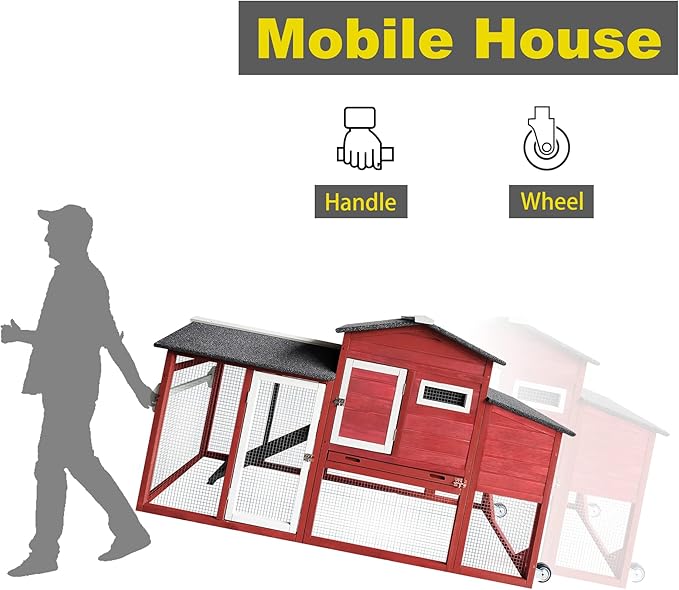 71" Chicken Coop Large Wooden Chicken Tractor - with Wheels Waterproof Outdoor Hen House Poultry Cage Back Yard Chicken Coops with Run, Laying Boxes and Secure Enclosure