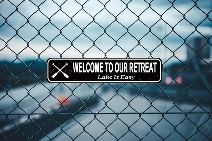 Welcome to Our Retreat 'Lake It Easy' Metal Sign - Rustic Canoe Paddle & Lake House Decor - Relaxing Front Door Welcome Sign - Vintage Tin Wall Art - 16 x 4 Inch