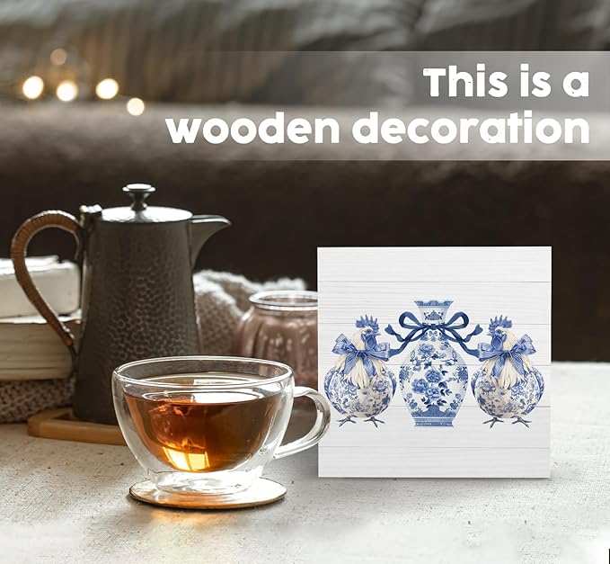 Blue And White Chinoiserie Chicken Wooden Signs,Grand Millenial Bow Blue Floral Chicken Home Decor Signs,Porcelain Chinoiserie Desk Decorations,Farmhouse Animal Office Kitchen Decor