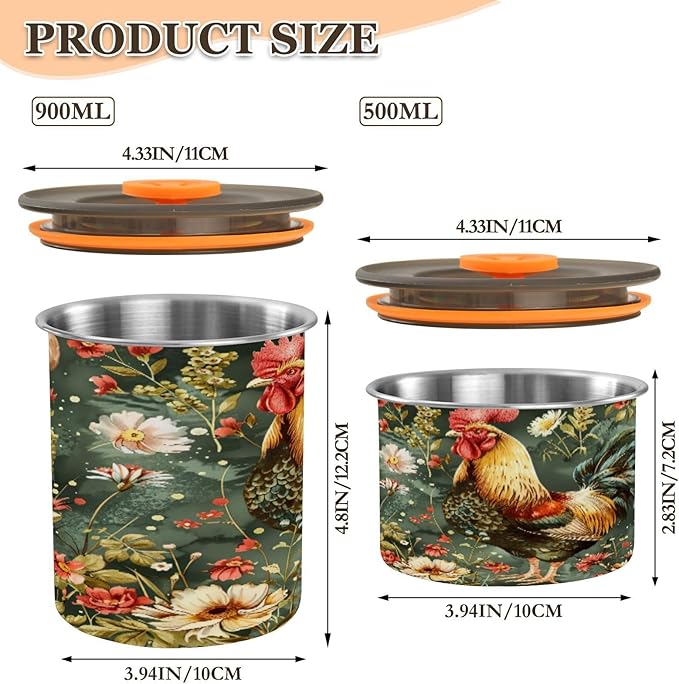 Farm Rooster and Flowers Coffee Canister 17oz Stainless Steel Airtight Food Storage Container with Lid for Beans/Cereal Preserval