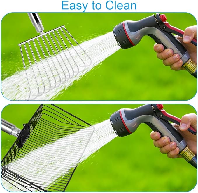 2in1 Chicken Poop Scooper and Rake, 10 Inch Chicken Coop Shovel & Garden Rake with Adjustable Stainless Steel Handle (23 to 55 Inch) for Chicken Coop Cleaning Tools,Garden, Farm, Beach