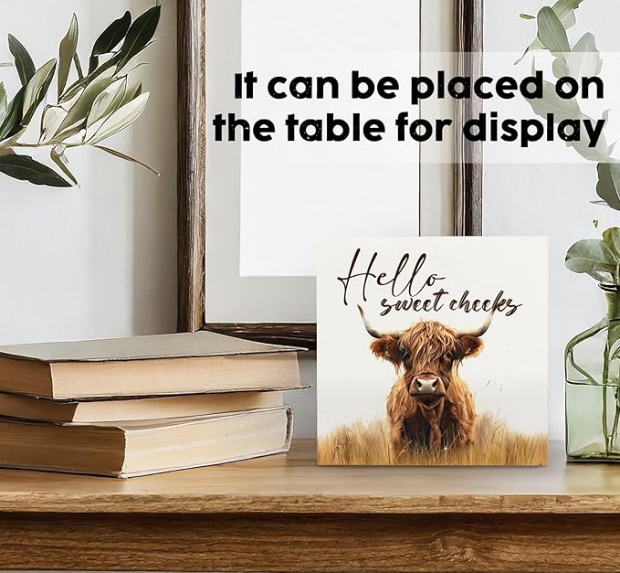 Highland Cow Bathroom Decor Sign, Hello Sweet Cheeks Wooden Box Signs, Highland Cow Gifts For Women Lovers,6x6