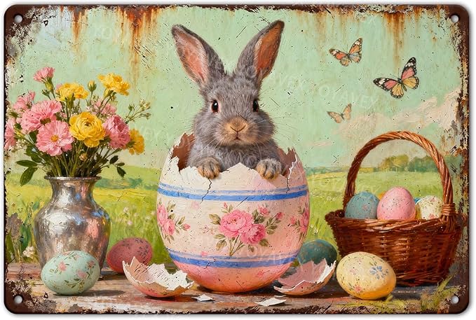 YoyaVex Vintage Easter Bunny Metal Sign Cute Rabbit Design Rustic Farmhouse Wall Art For Home Garden Outdoor Bar Cafe Decor Holiday Renovation 8X12Inch