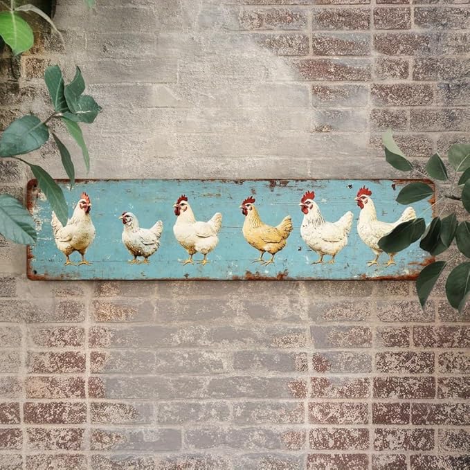 Rustic Farm Chickens Metal Tin Sign Vintage Wall Decor for Kitchen Farmhouse Living Room Entryway Home Decor 4x16 Inch