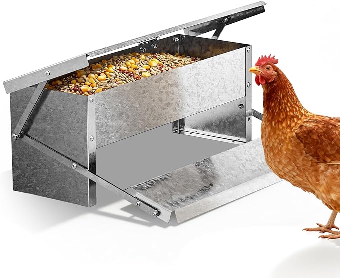 Outvita Automatic Treadle Chicken Feeder, 15 Lbs No Waste No Spill Rodent Proof Metal Chicken Feeder with Weatherproof Lid, Chicken Supplies for Your Chickens Duck Bantams Pheasants Poultry Coop