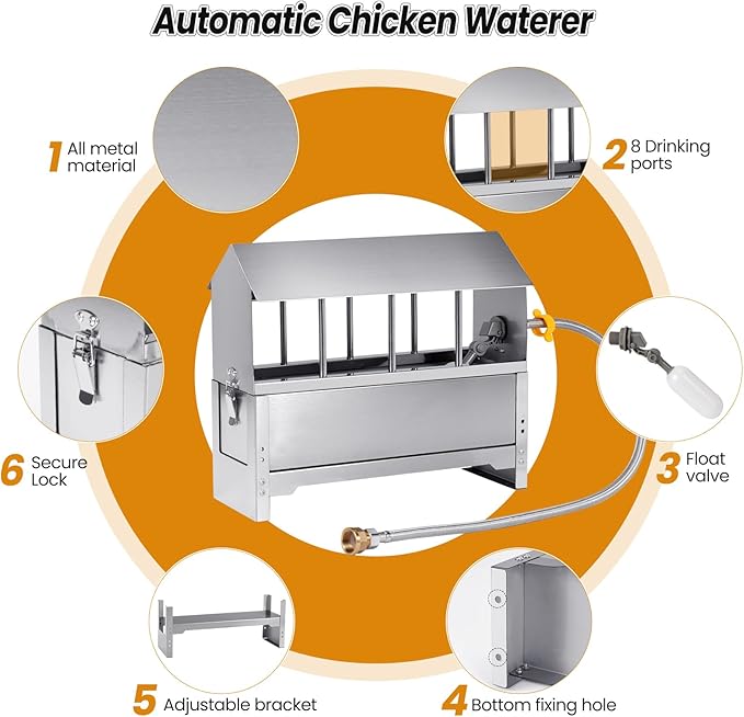 Automatic Chicken Waterer, Metal Chicken Waterer Dispenser Poultry Waterer No Waste Adjustable Height Chicken Watering System with Float Valve for Duck Pigeon Goose Turkey