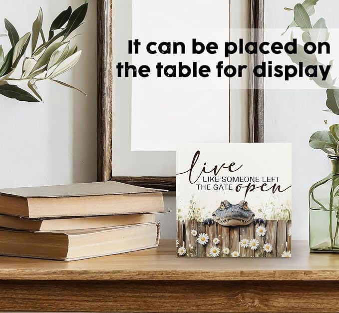 Nursery Crocodile Wooden Box Sign, Cute Live Like Someone Left the Gate Open Wooden Signs for Home Decor,Funny Animal Kitchen Bedroom Decor,Alligator Gifts for Kids Boys, 5x5