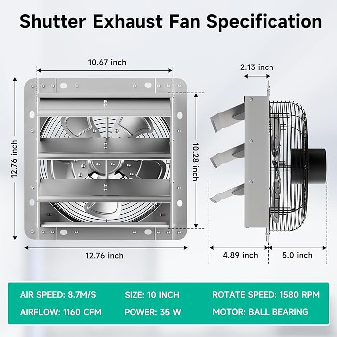 10Inch Shutter Exhaust Fan，Automatic Shutter with ON/OFF Switch, 960 CFM High-Speed Vent Fan, 1580 RPM Wall Mounted Attic Fan for Shed, Garage, Greenhouse Ventilation (10in)